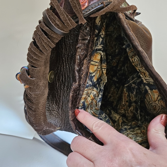 Vintage 70s Tooled Leather Braided Shoulder Strap Fringe Saddle Bag Purse - Picture 6 of 8